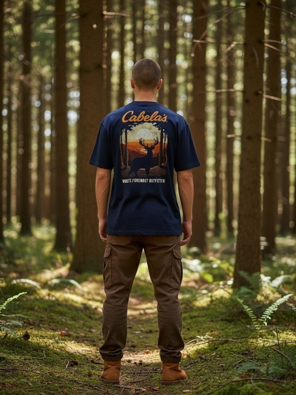 Cabela's Size L Men's Navy Tee with Sunset Deer Graphic On Back